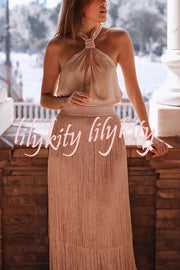 Elegant Tassel Hem Elastic Waist Casual Maxi Skirt
