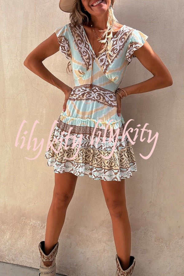 Surat Unique Color Block Print Ruffle Sleeve Elastic Waist Backless Mini Dress