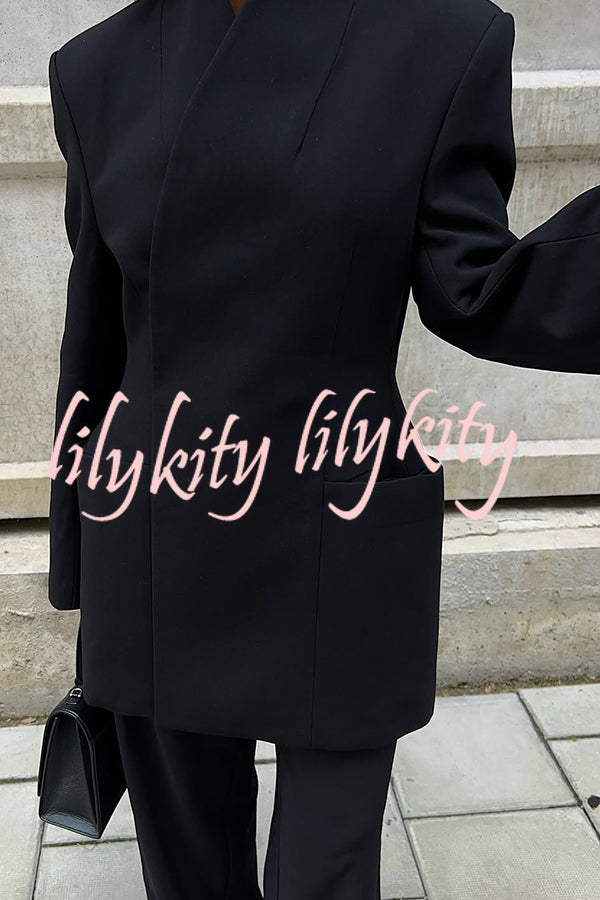 Solid Color Lapel Long Sleeve Casual Pocket Long Blazer