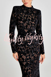 Diane Velvet Embroidered Floral Lace Long Sleeve Belt Scallop Edge Midi Dress