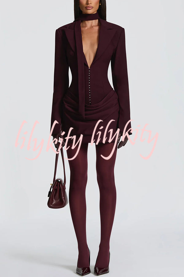 Solid Color Slim-fit V-neck Elegant Draped Formal Mini Dress