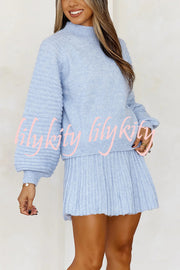 Solid Color Round Neck Puff Sleeve Loose Knit Sweater and Casual Striped Mini Skirt Set