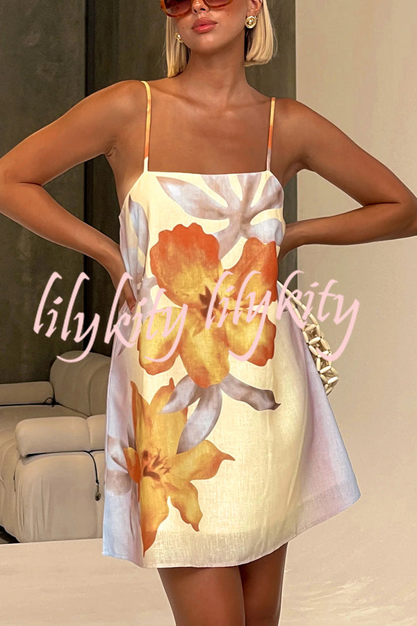 Summer Surprise Linen Blend Floral Print Slip H-line Mini Dress