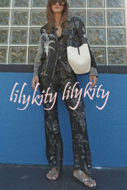 Black Magic Satin Unique Print Long Sleeve Blouse and Elastic Waist Pocket Wide Leg Pants Set