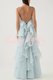 Free - Flowing Rose Detail Tiered Ruffles Halter A-line Maxi Dress