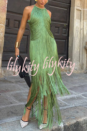 Fashion Sleeveless Halter Neck Elegant Tassel Slim Maxi Dress
