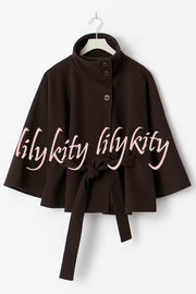 Fashionable Stand Collar Button Waist Tie Loose Cape