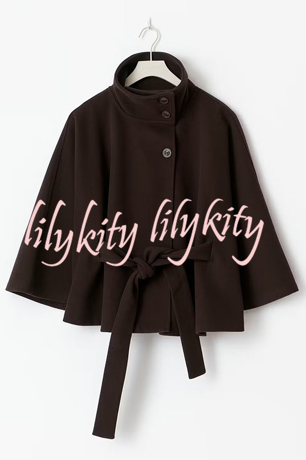 Fashionable Stand Collar Button Waist Tie Loose Cape