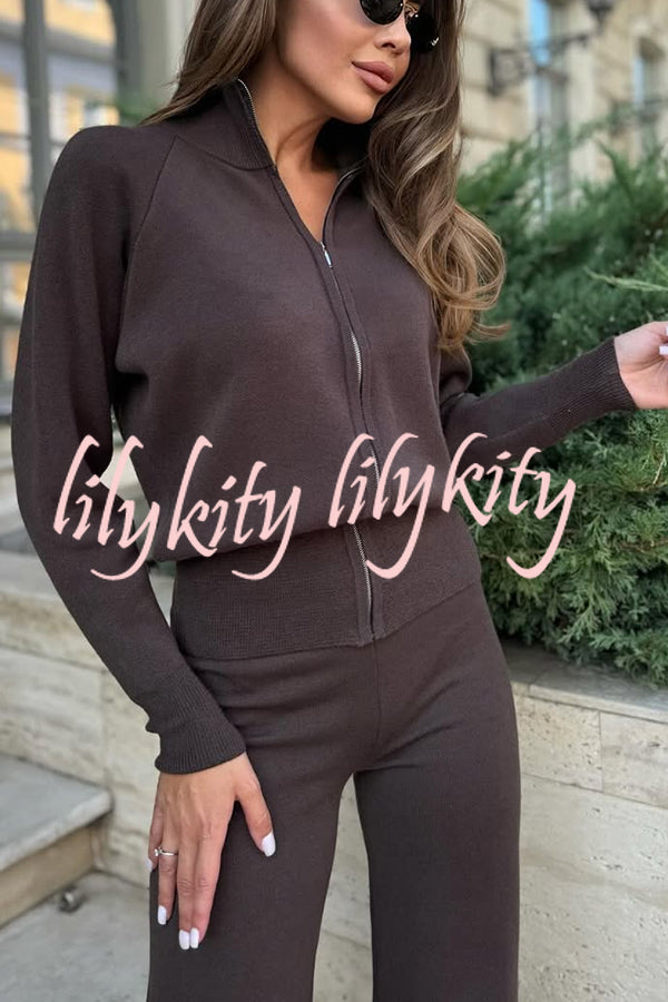 Cozycore Knit Zipper Long Sleeve Cardigan and Stretch Wide Leg Pants Set