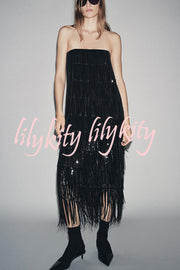 Chic Celebration Layered Sequined Tassels Slip Strapless H-line Midi Dress