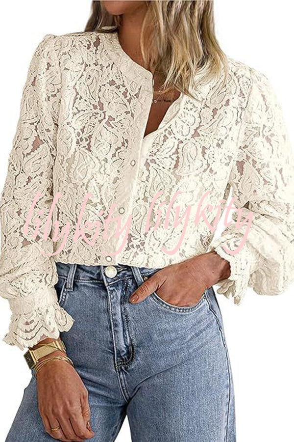 Fashionable Lace Long-sleeved Casual Button-down Shirt