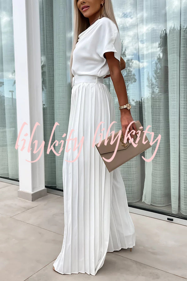 Ivy Cowl Neck Short Sleeve Belt Pleated Loose Wide Leg Jumpsuit