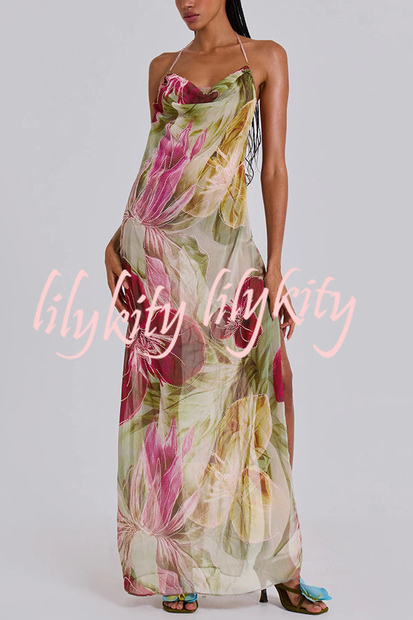 Floral Print Sexy Backless Slit See-Through Holiday Maxi Dress