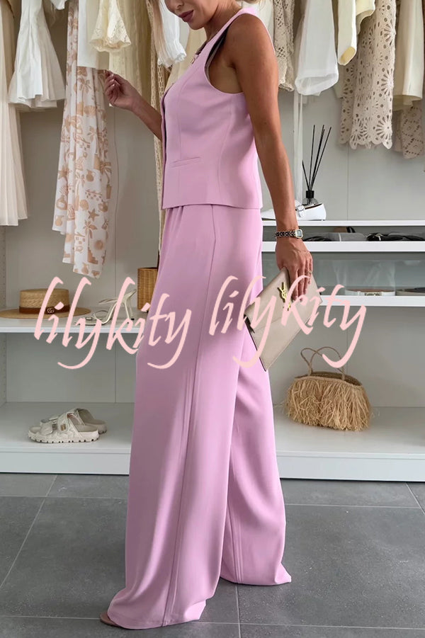Workplace Chic Sleeveless Button Vest and Relaxed Pocket Wide Leg Pants Set