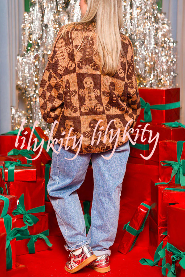 Christmas Gingerbread Man Round Neck Long Sleeve Loose Knit Sweater