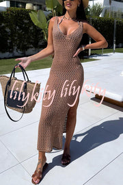 Solid Color V-neck Hollow Beach Knitted Cover-up Midi Dress