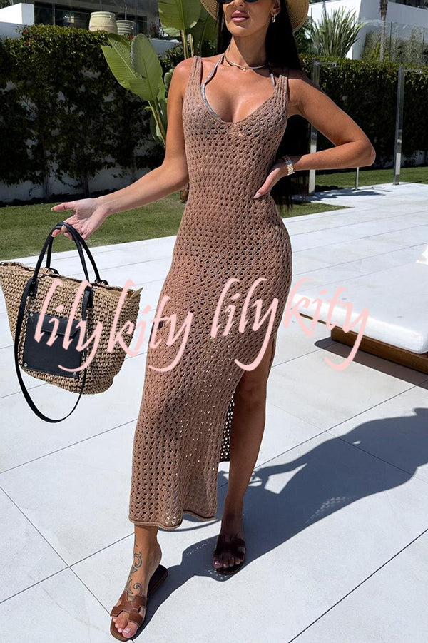 Solid Color V-neck Hollow Beach Knitted Cover-up Midi Dress
