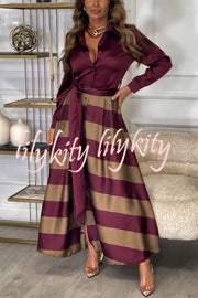 Lindsey Satin Colorblock Contrast Long Sleeve Belted Shirt Maxi Dress