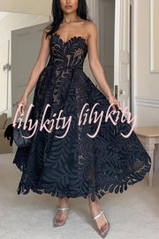 Elegant Openwork Lace Strapless Full-hem Midi Dress