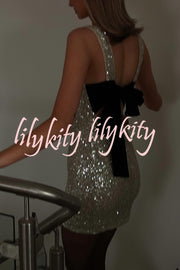 Party Time Starts Sequin Back Velevt Bow Detail Stretch Mini Dress