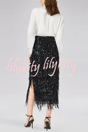Evening Charm Layered Sequined Tassels High Rise Back Zipper Slit Midi Skirt