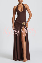 Solid Color Halter Neck Backless Slim Fit Pleated Slit Maxi Dress