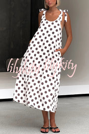 Polka Dot Print Suspenders Strappy Backless Loose Pocket Midi Dress
