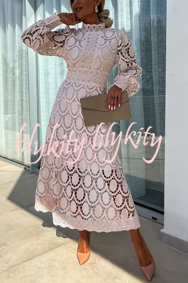 Romantic, Sensual and Elegant Crochet Lace Lantern Sleeve Party Midi Dress