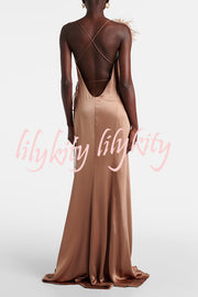 Celebration Night Satin Feather Trim Wrap Tie-up Slit Gown Maxi Dress