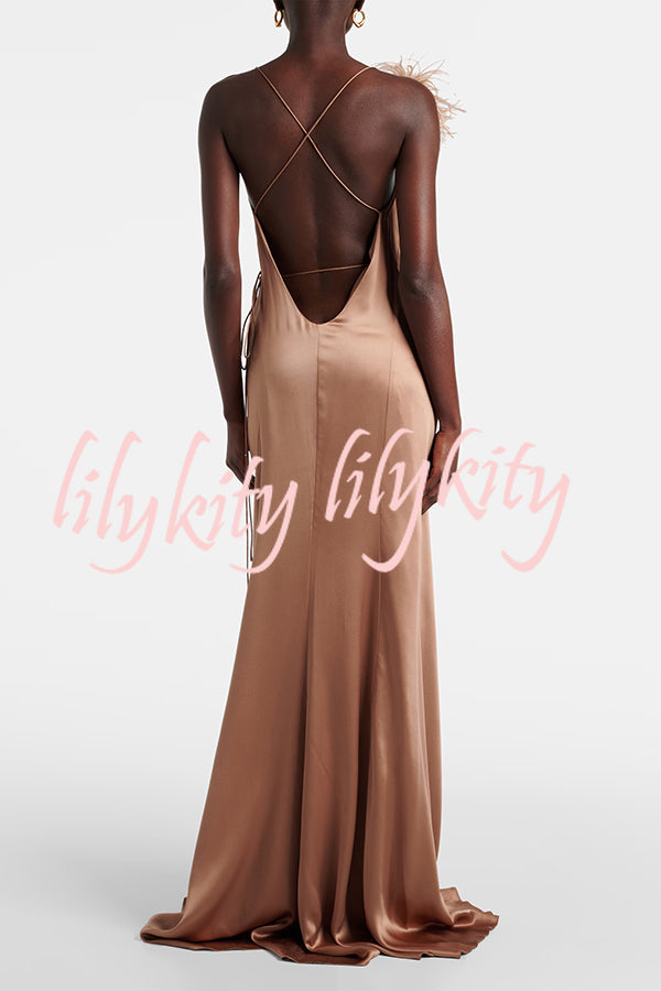 Celebration Night Satin Feather Trim Wrap Tie-up Slit Gown Maxi Dress