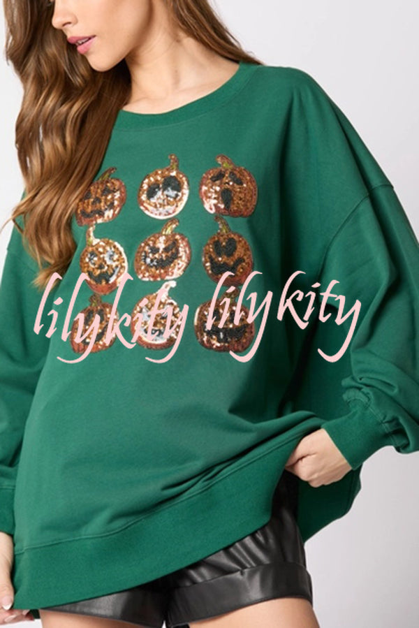 Halloween Pumpkin Sequin Loose Casual Sweatshirt