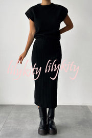 Triko Knit Short Sleeve Sweater and Stretch Ribbed Midi Skirt Set