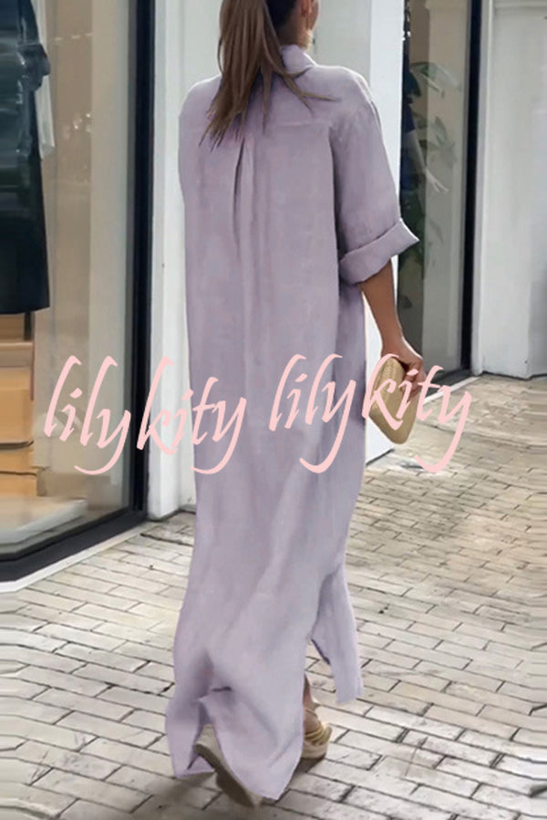 Linen Blend Solid Long Sleeve Buttoned Loose Shirt Style Maxi Dress