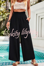 Solid Color Pleated Pocket Stretch Elastic Waist Wide Leg Pants