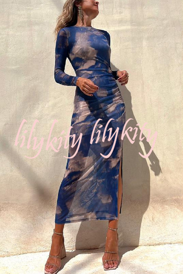 Charm Lady Mesh Overlay Tie Dye Print Long Sleeve Ruched Stretch Midi Dress