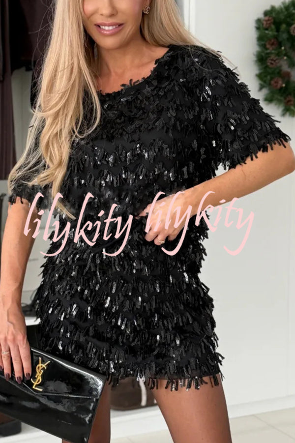 Polished Uptown Sequin Tassel Round Neck Short Sleeve Top and Elastic Waist Mini Skirt Set