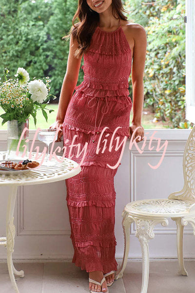 Feel Chic and Romantic Sequin Textured Material Back Elastic Halter Tie Tank and Drawstring Waist Tiered Maxi Skirt Set