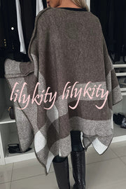 Calm and Elegant Knit Plaid Color Block Batwing Sleeve Loose Poncho