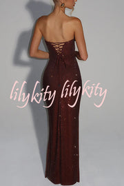 Mirabella Sequin Pleated Cowl Scooped Neckline Back Lace-up Strapless Maxi Dress