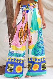 Maison Linen Blend Unique Print High Neck Top and Elastic Tie-up Waist Pocket Wide Leg Pants Set