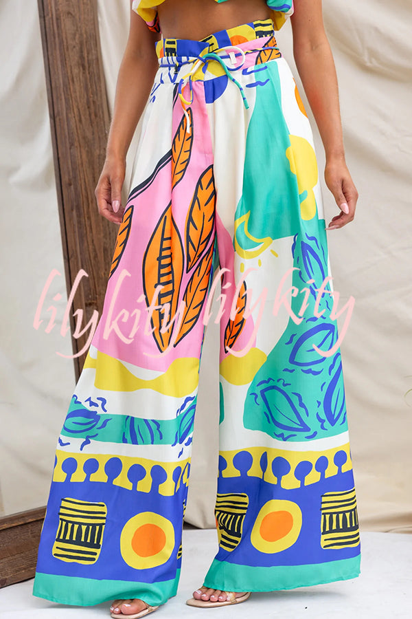 Maison Linen Blend Unique Print High Neck Top and Elastic Tie-up Waist Pocket Wide Leg Pants Set