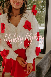 Wrapped in Bows Knit Color-blocked Loose V-neck Long-sleeved Cardigan