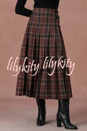 Yehudit Plaid Belt Buckle Design High Rise Pocket Midi Umbrella Skirt