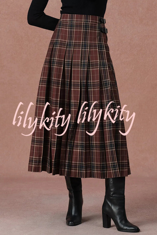 Yehudit Plaid Belt Buckle Design High Rise Pocket Midi Umbrella Skirt