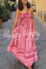 Unique Printed Patchwork Fringed Lace-up Maxi Dress