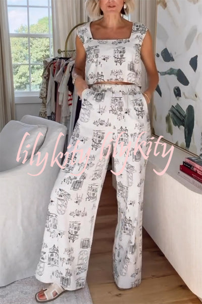 Maeve Linen Blend Unique Print Square Neck Tank and Elastic Waist Pocket Loose Pants Set