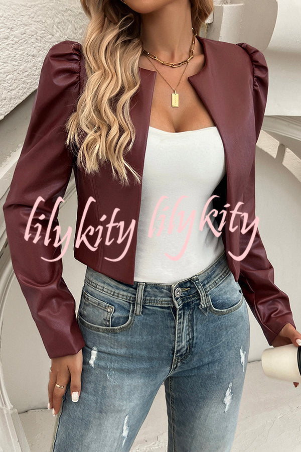 Yelissa Faux Leather Statement Long Sleeve Open Front Crop Jacket