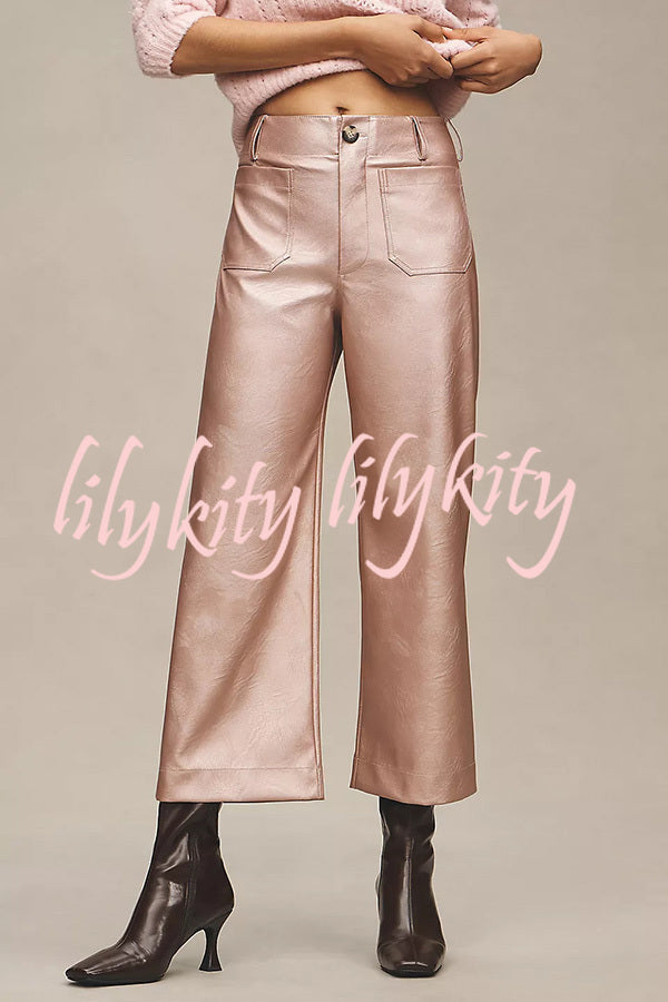 Colette Metallic Faux Leather Pocket Cropped Wide Leg Stretch Pants