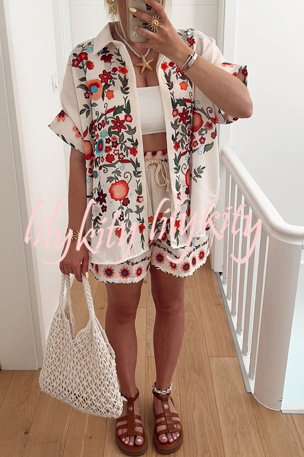 Linen Blend Floral Print Short Sleeve Loose Shirt and Elastic Waist Tie Casual Shorts Set