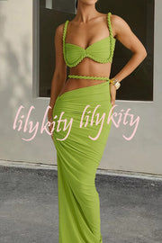 Sexy Halter Back Braided Suspender Top and Beach Holiday Style Hip-wrapped Maxi Skirt Set